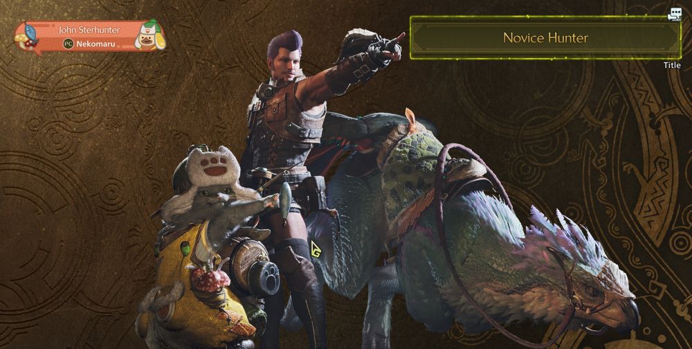 A screenshot of a Hunter's Card from Monster Hunter Wild. The hunter is a man with a lilac pompadour, mutton chops, and mustache. The palico is grey with long hair.