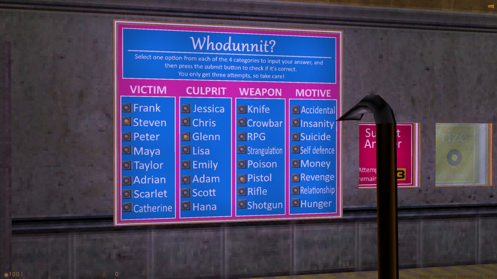 Murder mystery in a Half Life map, you have a bunch of buttons to use.