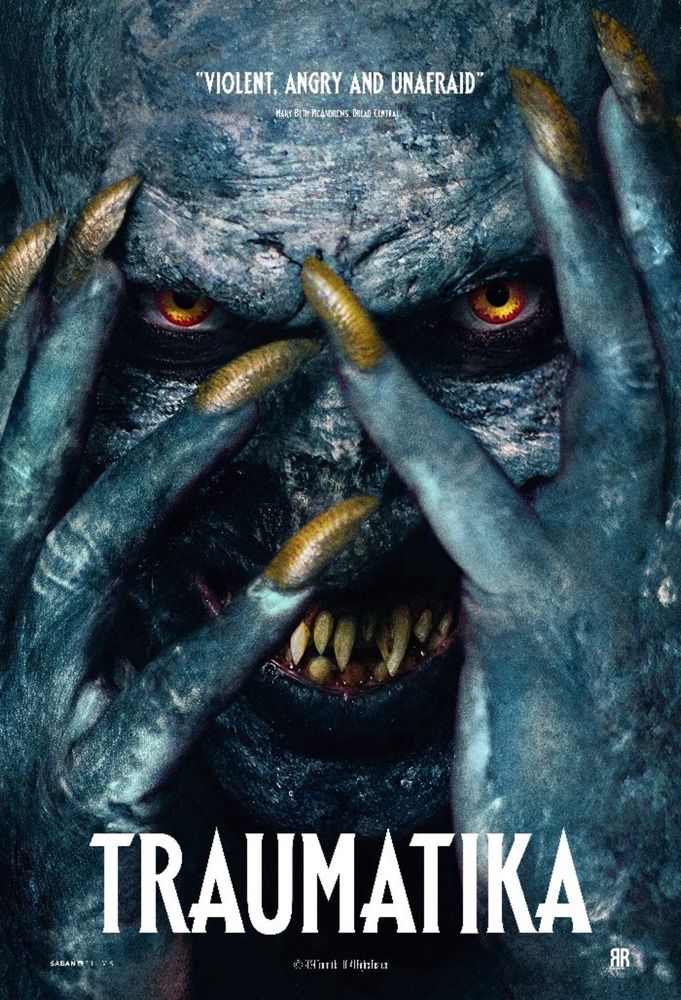 Poster for the film TRAUMATIKA (2025) featuring a scary blue demon guy.