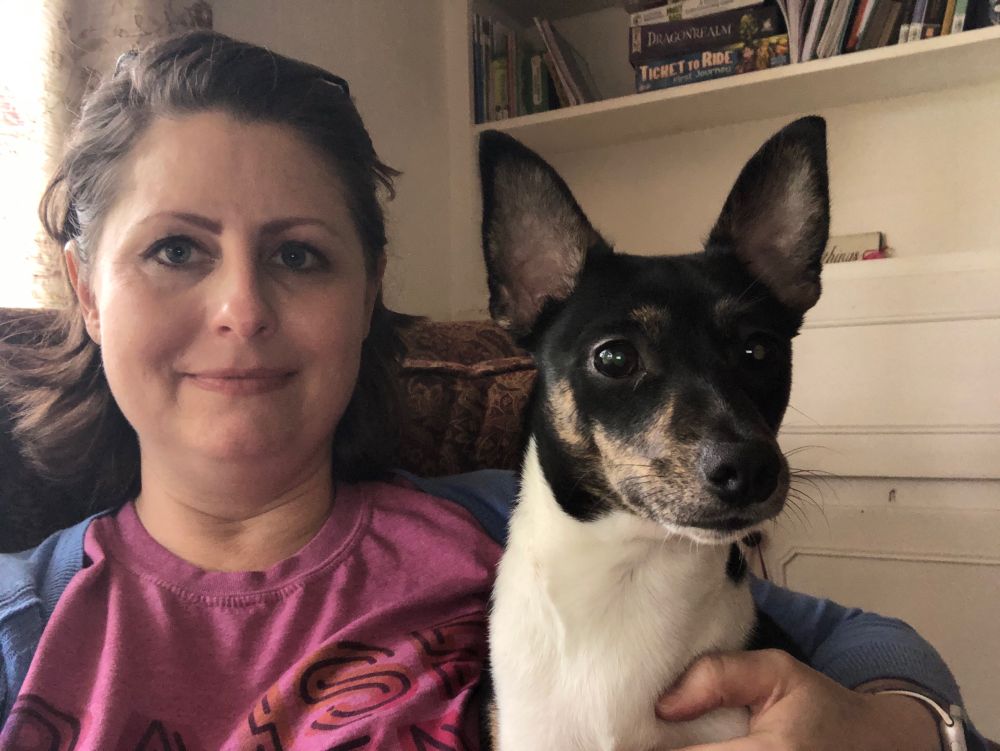 Middle-ages white lady in pink tee shirt sits in brown overstuffed chair holding a black/white/brindle rat terrier. The dog looks at the camera curiously, ears alert. 