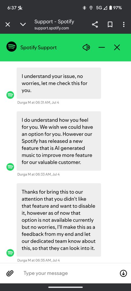 A conversation with a support tech about opening a ticket to disable AI artists as a feature