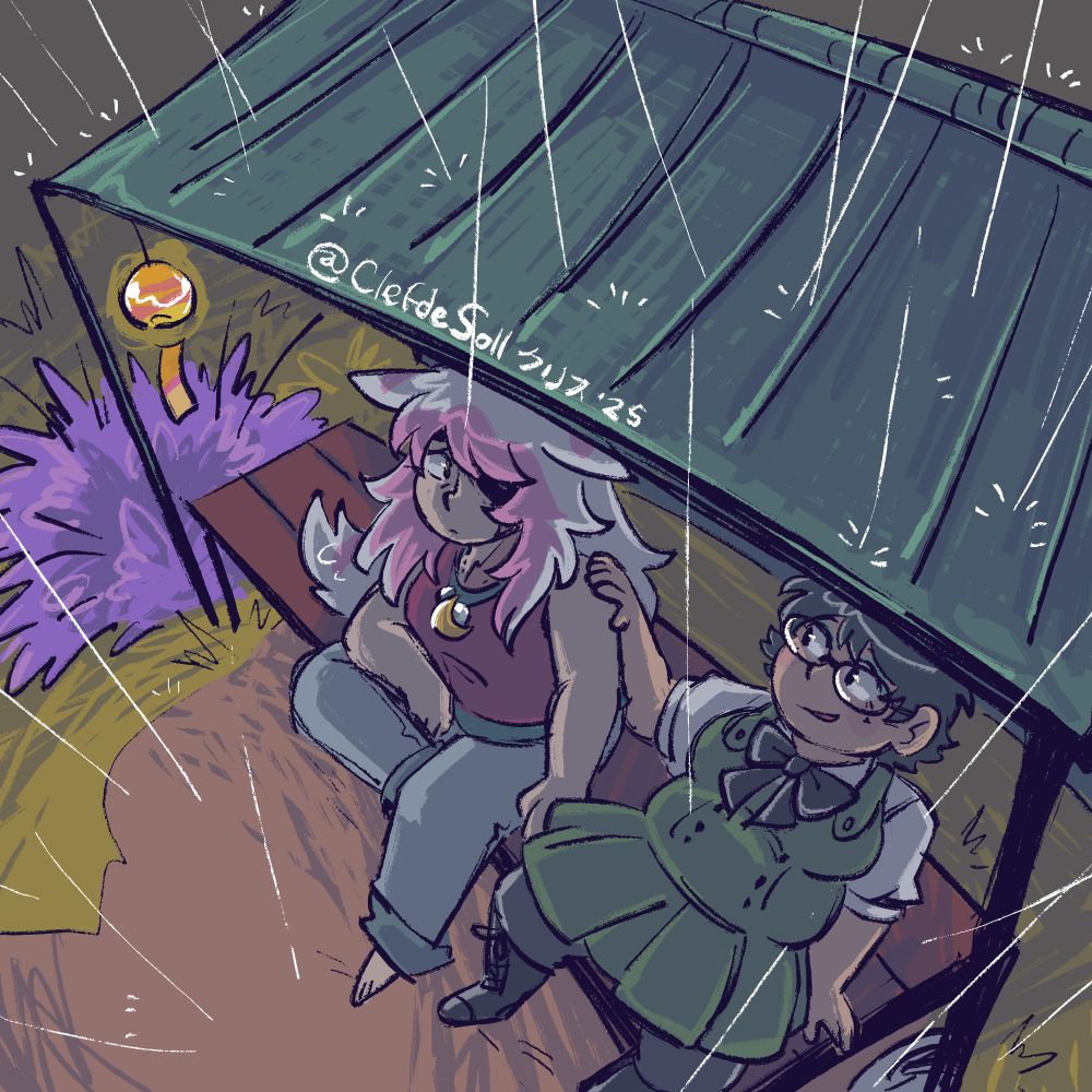 A scene from Yokoka’s Quest. Yokoka and Grace are sitting under shelter from the rain