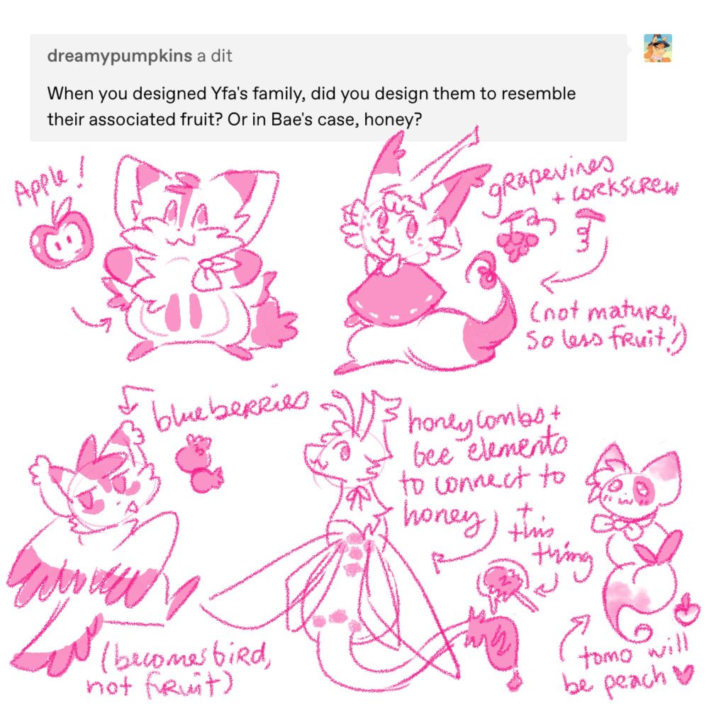 Dreamypumkins asked: When you designed Yfa's family, did you design them to resemble their associated fruit? Or in Bae's case, honey?

The art outlines that Yfa has apple elements, Raya grapevines/corkscrew (but she is not mature so only a few elements), Kagi with blueberries, Bae with honey/bee and older Tomo with peaches