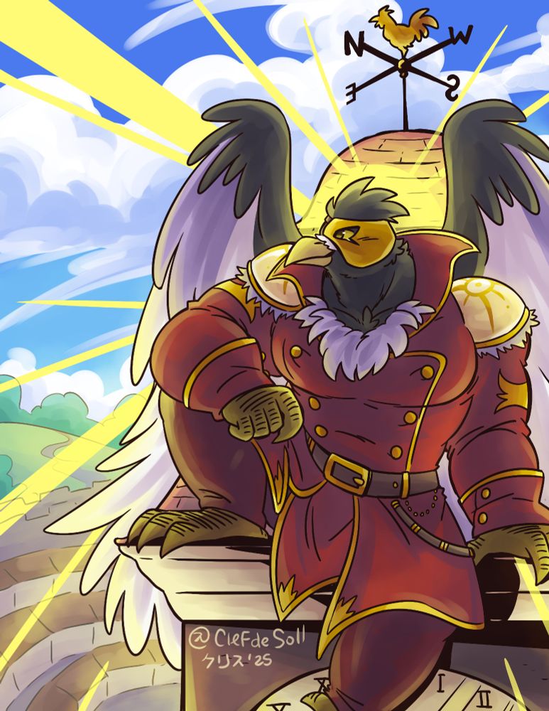 A bird sitting on a clock tower with a glowing halo behind him