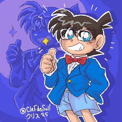 An oekaki drawing of Edogawa Conan from Detective Conan giving a thumbs up to the camera, with Kudou Shinichi mirroring him as a shadow behind him. 