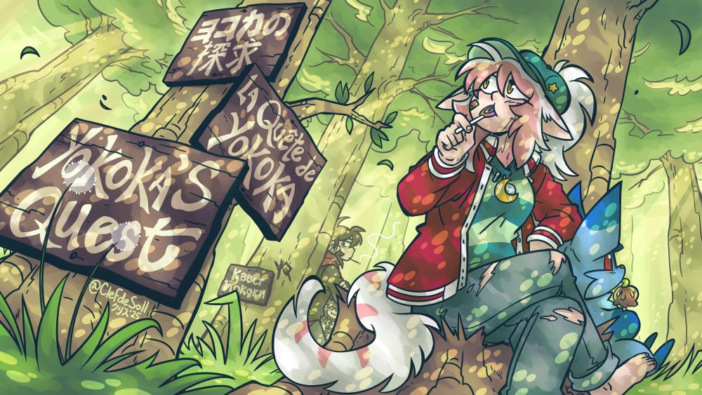 an illustration of Yokoka, Yfa, Mao, Kalliv and Copycat from Yokoka's Quest hanging out in the woods. There are wooden signs with the comic's title in japanese, french, english and russian (despite the title being kept in english for that version). the last is on a different tree as it is fan translated. 