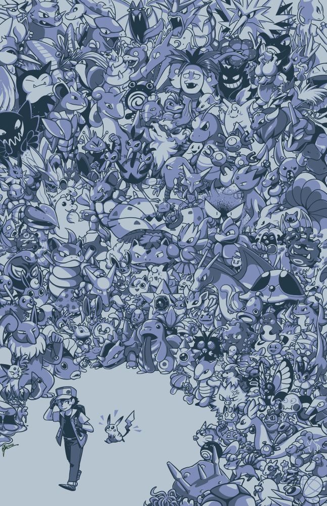 A drawing of trainer red and all 151 generation 1 pokemon in the style of their original sprites in gameboy blue palette.