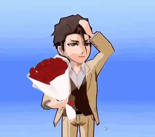 a cartoon character holding a bouquet of red roses