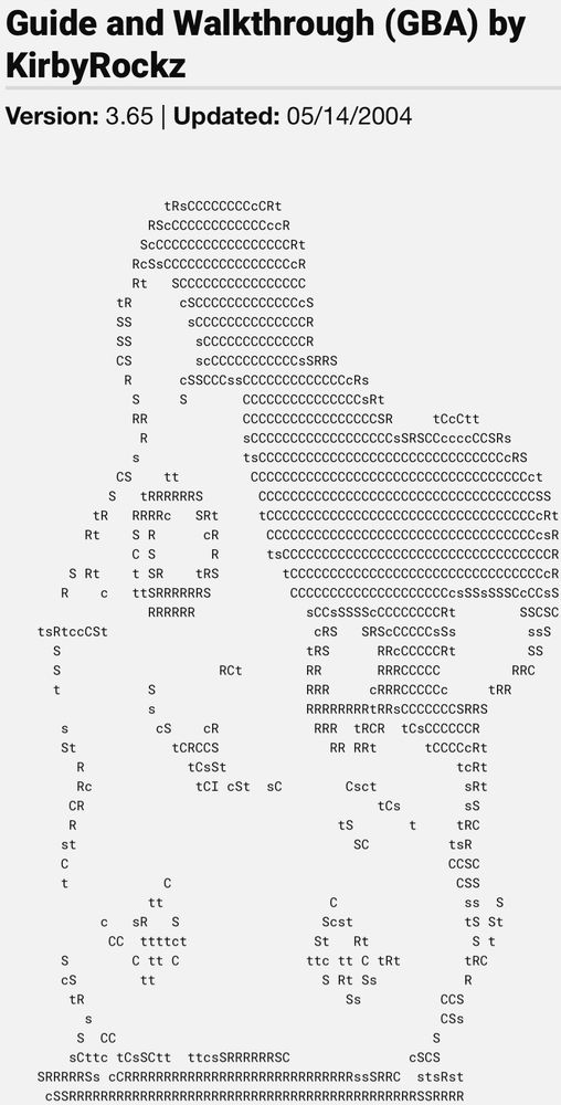 a screenshot of a gamefaqs guide for hamtaro ham ham heartbreak that reads:

Guide and Walkthrough (GBA) by KirbyRockz
Version: 3.65 | Updated: 05/14/2004

[ASCII art of Hamtaro]