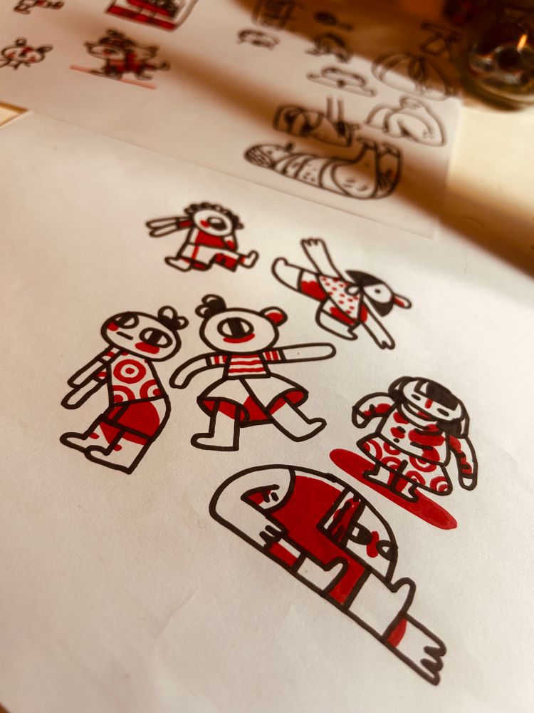 Sketchbook page, people standing around, waving arms