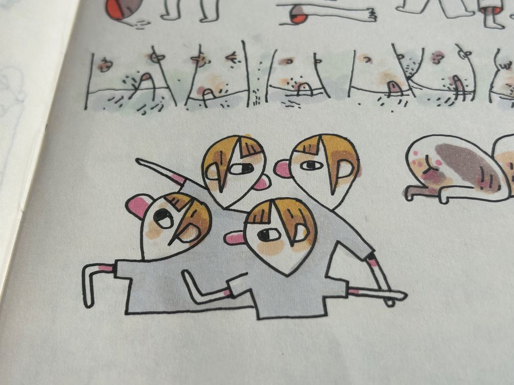 Sketchbook page. Waving arms around or pointing. Looking this way and that. Background peen.