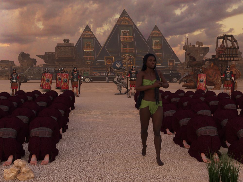 Photo realistic digital composition. Surreal and absurd. An African American woman walks away from a parade. In the parade, a pig faced man rides a dinosaur creature and is escorted by Roman legionnaires. Barefooted cultists bow at his approach. Behind him is a parallel motorcade of contemporary vehicles including limousines with zombie drivers and zombie passengers. Behind them are futuristic pyramids. Storm clouds gather overhead. #art