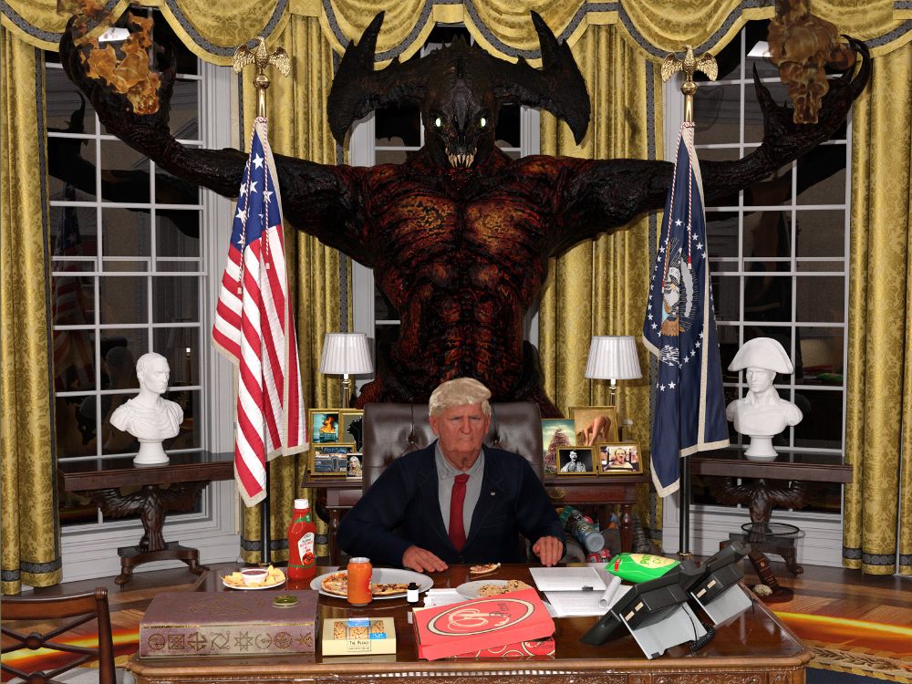 A demon stands behind the president in the Oval Office. Not AI. 