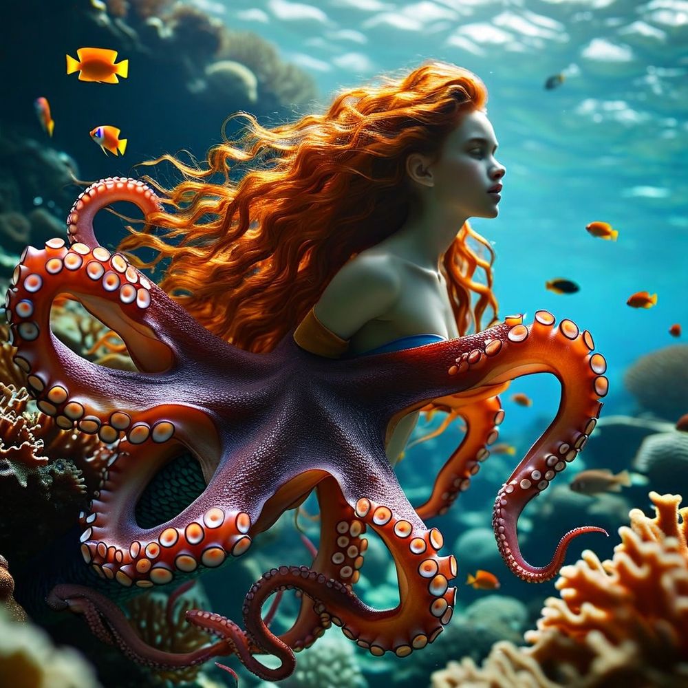 AI generated. Mermaid with red hair and the lower body of an octopus. Several AI errors in the picture including a two tailed fish with no head. Also the processor didn't know what to do with her arms, so it cut them off. 