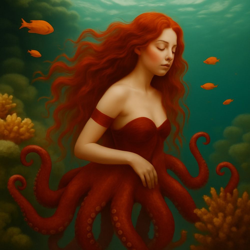 Red headed mermaid with nine octopus tentacles as her lower body. 