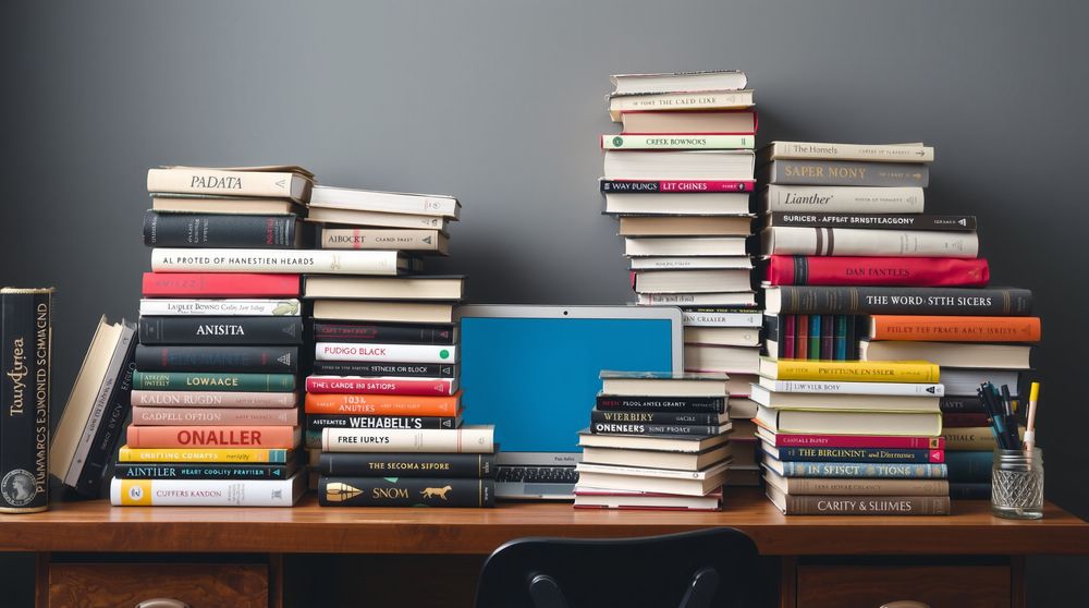 Viele Buchstapel und ein Laptop auf einem Schreibtisch. Generiert mit Image-AI