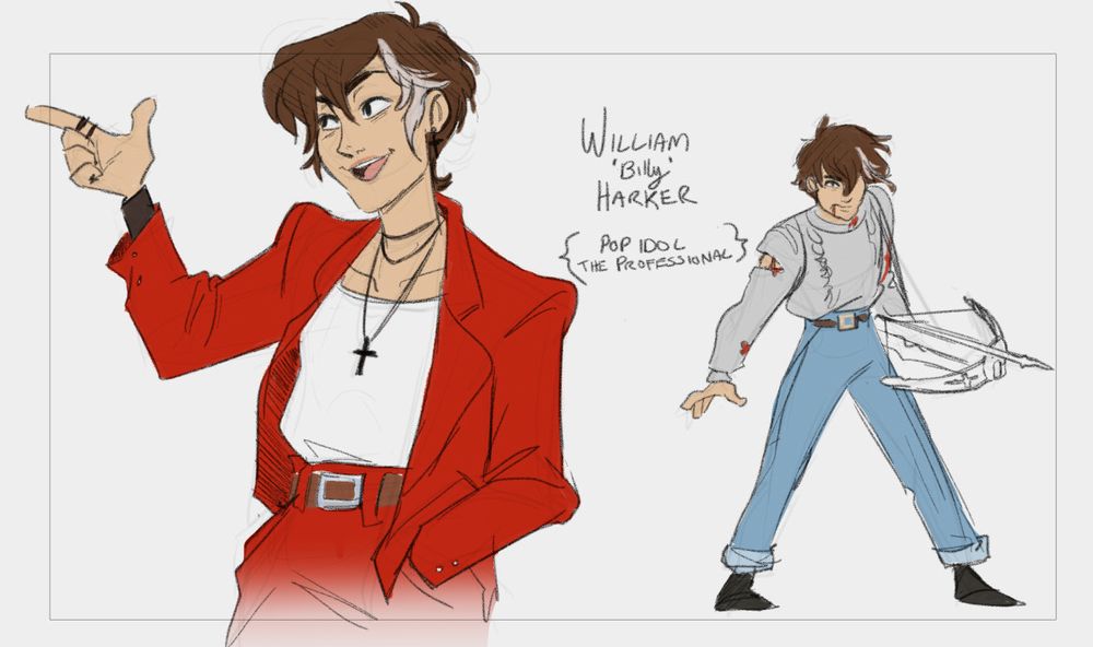 A series of two drawings of a young, brunette man with a white hair streak. The first is of him in a styling red blazer and tucked in white tank top. He's chatting to someone unseen with an easy, cheeky grin. He has one hand in his pocket. Around his neck are a series of banded necklaces and a long chain with a cross on it. The second is a portrayal of the young man, injured and wielding a cross bow at his hip. He has a cable knit sweater torn in places, a bit of blood, and a determined expression on his face.