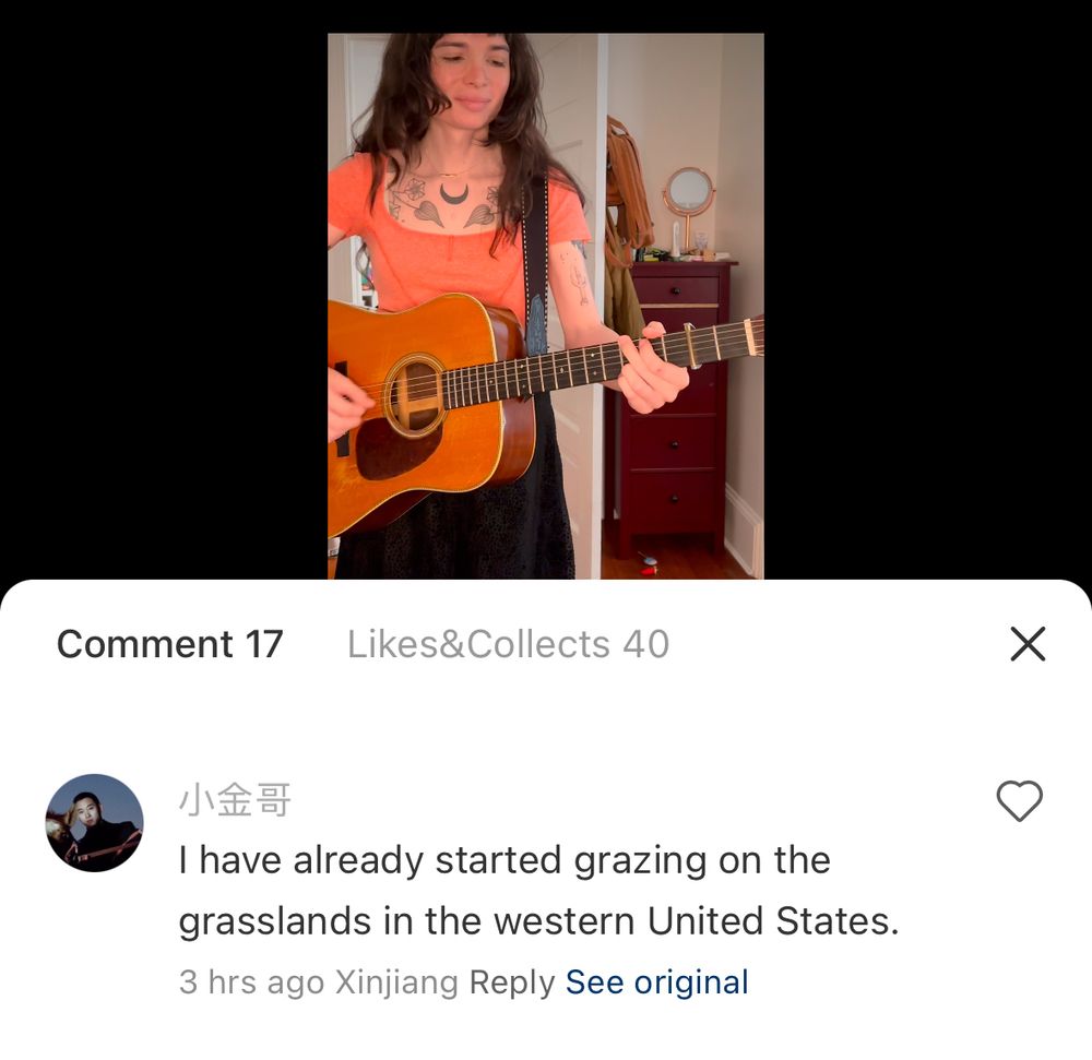 A screenshot from the app rednote shows a video of a girl playing bluegrass acoustic guitar with a translated comment underneath that says, “I have already started grazing on the grasslands in the western United States.”