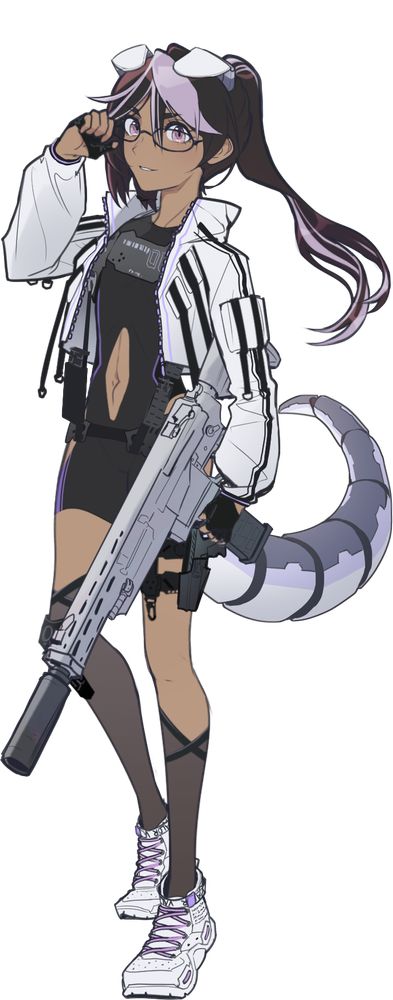 a stylized, futuristic anime-style character with a confident pose.

The character is feminine-presenting and has tanned skin, long dark brown hair tied back in a ponytail with lavender highlights, and wears glasses. She has lavender eyes. Her expression is a playful smirk while adjusting her glasses with one hand.

She has angular cybernetic dog ears, and extending from behind her is a large cybernetic canine tail, segmented in white and gray panels.

Her outfit is a mix of tactical and sporty fashion. She wears a short black outfit with a cutout on the stomach, sheer black thigh-high stockings with crisscrossing straps, and white high-top sneakers with purple laces. Over this, she wears a white, futuristic-looking jacket with bold black stripes and glowing purple accents.