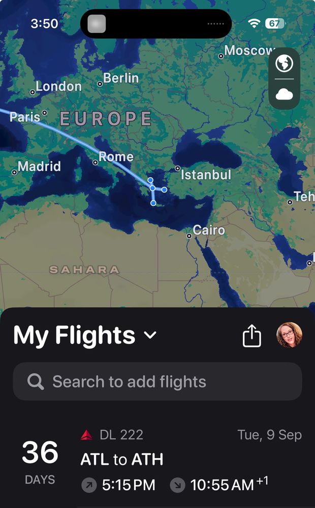 Screenshot from the Flighty app, showing a map of the flight path from ATL to ATH, & a departure date for 36 days from today. 