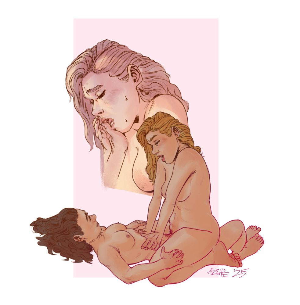 A sensual depiction of lesbian sex, a blond woman-Evie-astride a brunette woman, they are in the midst of love-making, Evie is on the verge of orgasm, and the brunette urges her toward climax.
above their heads a previous scen, with the brunette's hand brushing against Evie's face, the former's thumb touched lightly by Evie's tongue through her open mouth. Evie holds the other woman's hand there, lingering with the scent of and taste of her.