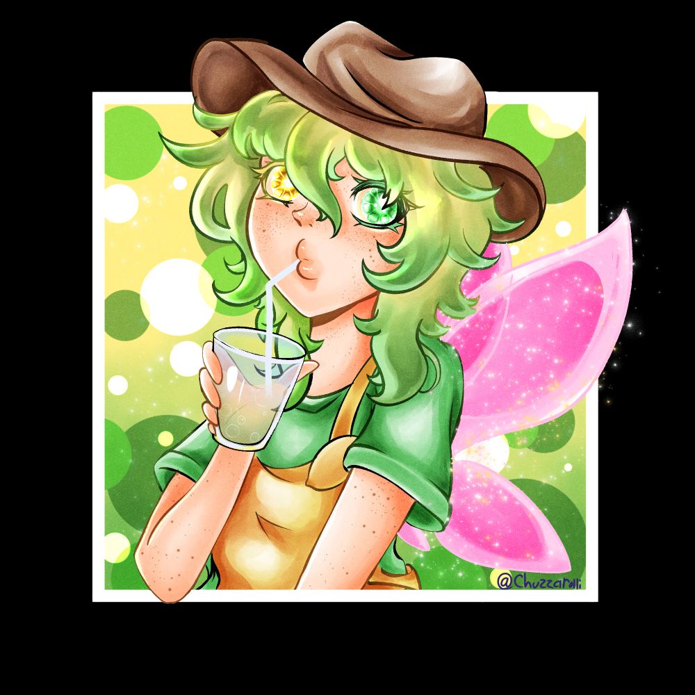 a fiary boy with yellow and green hair looking at the camera wearing a cowboy hat and sipping some fizzy lemonade. He has pink wings that sparkle, is wearing yellow overalls and a green shirt. His skin is covered in freckles.
