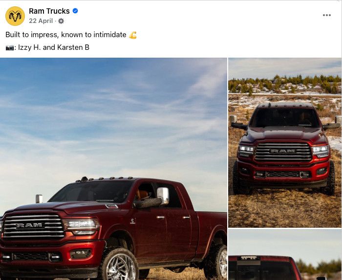 Screenshot of advertisement for a Dodge Ram saying “Built to impress, known to intimidate”