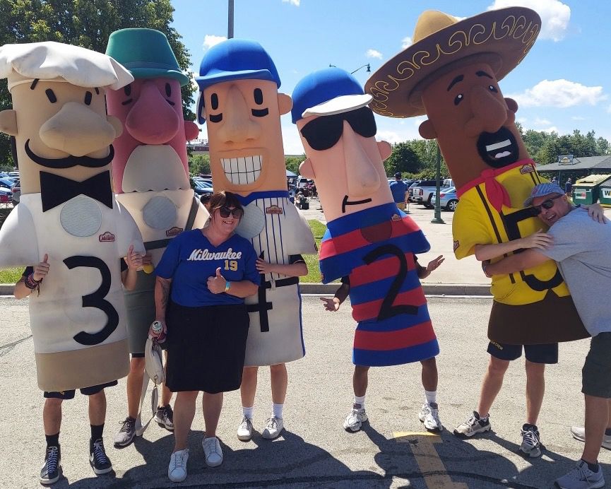 The Milwaukee Racing Sausage mascots. Italian Sausage, Bratwurst, Hot Dog, Polish Sausage, Chorizo.