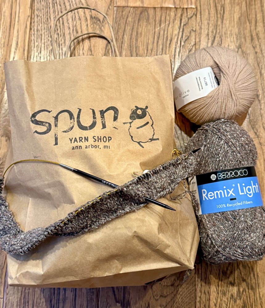 Purchases from Spun yarn store in Ann Arbor, Michigan. Knitting for Olive Merino in Mushroom Rose and Berroco Remix Light in color 6933.