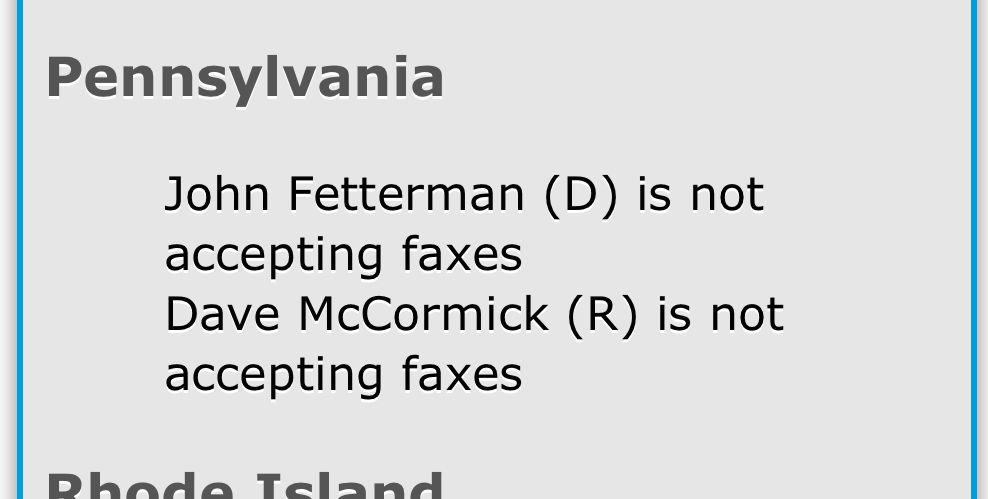 Screen shot showing both PA senators not accepting faxes 