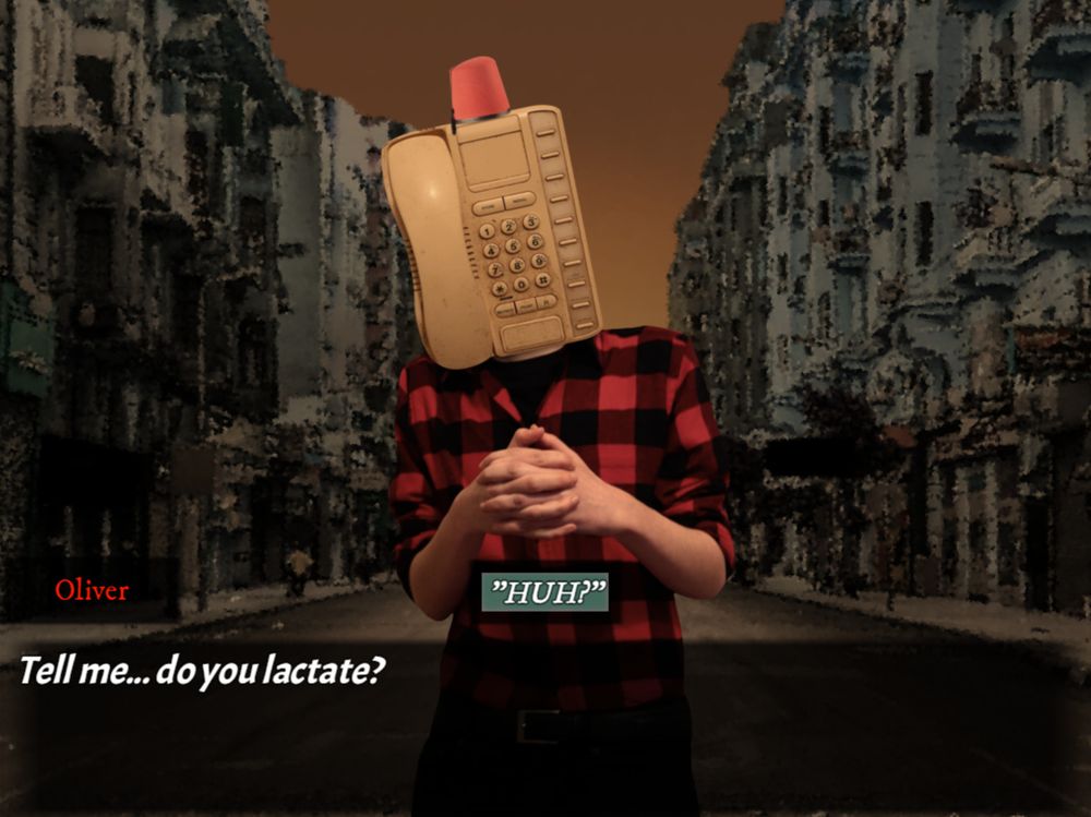 a screenshot from the roger dlc of oliver saying "tell me...do you lactate?" gingi responds "HUH?"