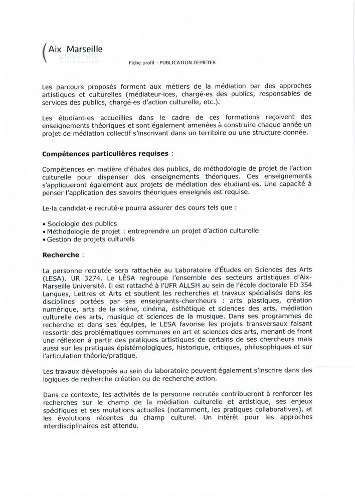 Fiche de poste ALLSH_007. Présente les enseignements attendus : sociologie des publics ; méthodologie de projet ; gestion de projets culturels. Précise le rattachement au Laboratoire d'Études en Sciences des Arts, UR 3274.
