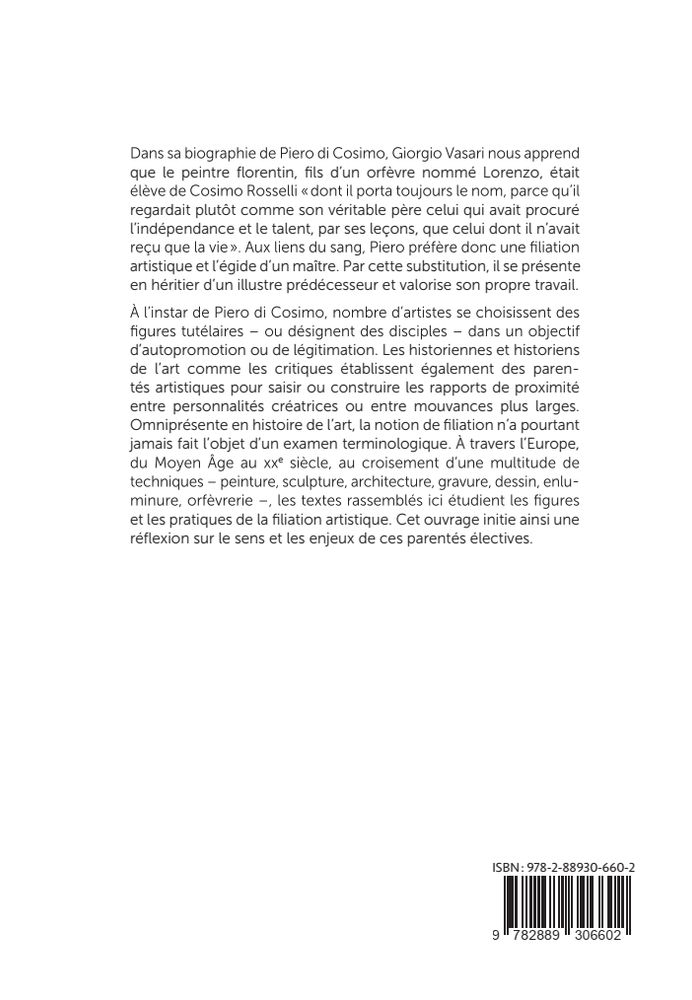 4è de couverture des actes du colloque « Parentés électives. Figures et pratiques de la filiation en histoire de l'art »