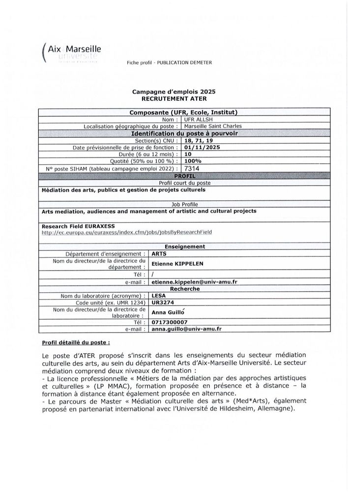 Fiche de poste ALLSH_007. Indique la date de prise de poste au 01/11, durée 10 mois, quotité 100%. Profil du poste : Médiation des arts, publics et gestion de projets culturels". Cours à assurer en licence pro "Métier de la médiation par des approches artistiques et culturelles" et en master "Médiation culturelle des arts".