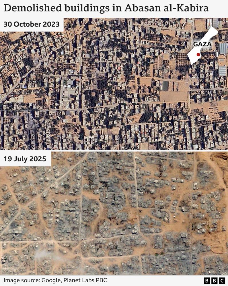 Before and after satellite imagery showing devastation in Abasan al-Kabira in Gaza on 19 July 2025, captured by Planet Labs PBC