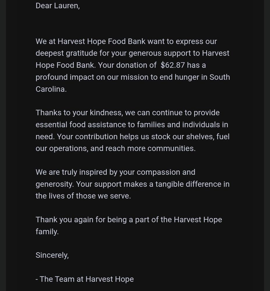 Copy of a thank you email from Harvest Hope, acknowledging our donation.