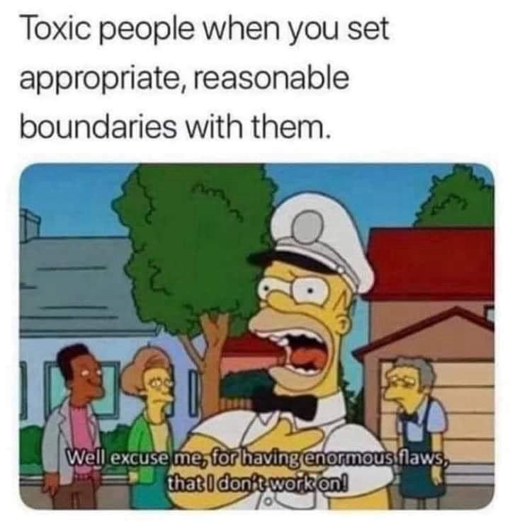A picture of Homer Simpson 

Toxic people when you set appropriate, reasonable boundaries with them.

“Well excuse me, for having enormous flaws that I don’t work on!”