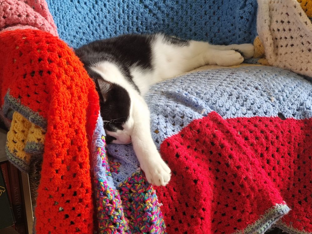 A black & white cat, exhausted from doing nothing all day, lies collapsed on a wing chair which has a crochet blanket on it.