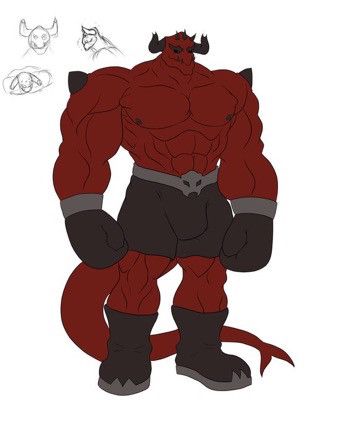 Boxing demon giant Dummy standing still with red skin and black horns and black boxing gloves, trunks and boots