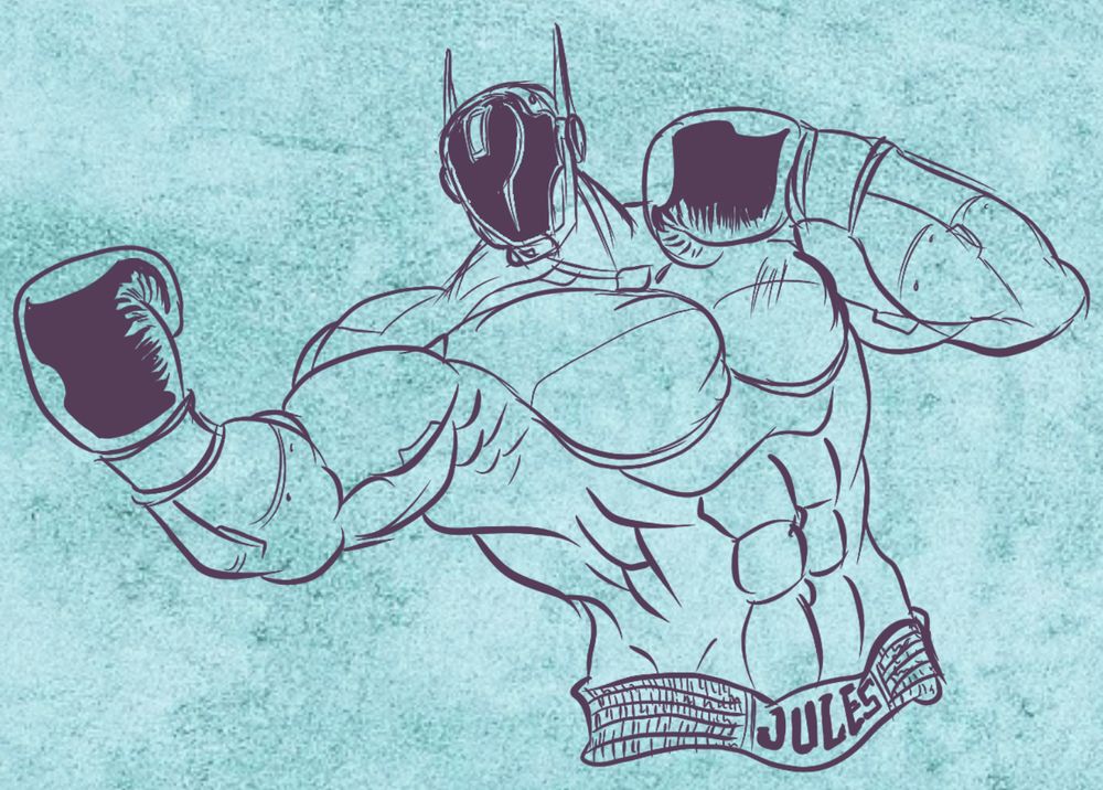 Rough uncolored sketch bust of Jules the robot wearing boxing gloves and trunks and throwing an uppercut on a cool parchment-like background.