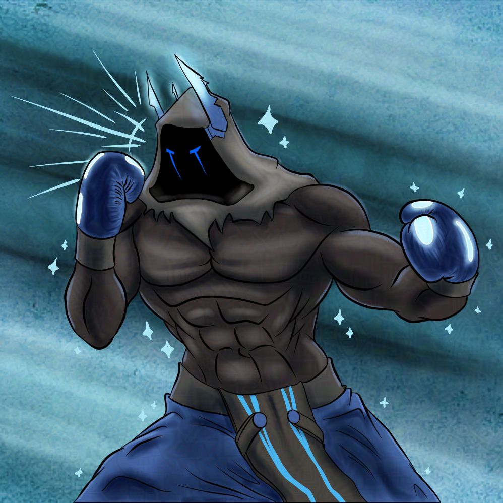 Shaded, colored art of Ice King who belongs to @wolfbocker.bsky.social, wearing boxing gloves and trunks instead of his usual armor, showing off his muscles and pugilistic prowess against a chilly, icy, snowstorm background and surrounded by icy sparkles.