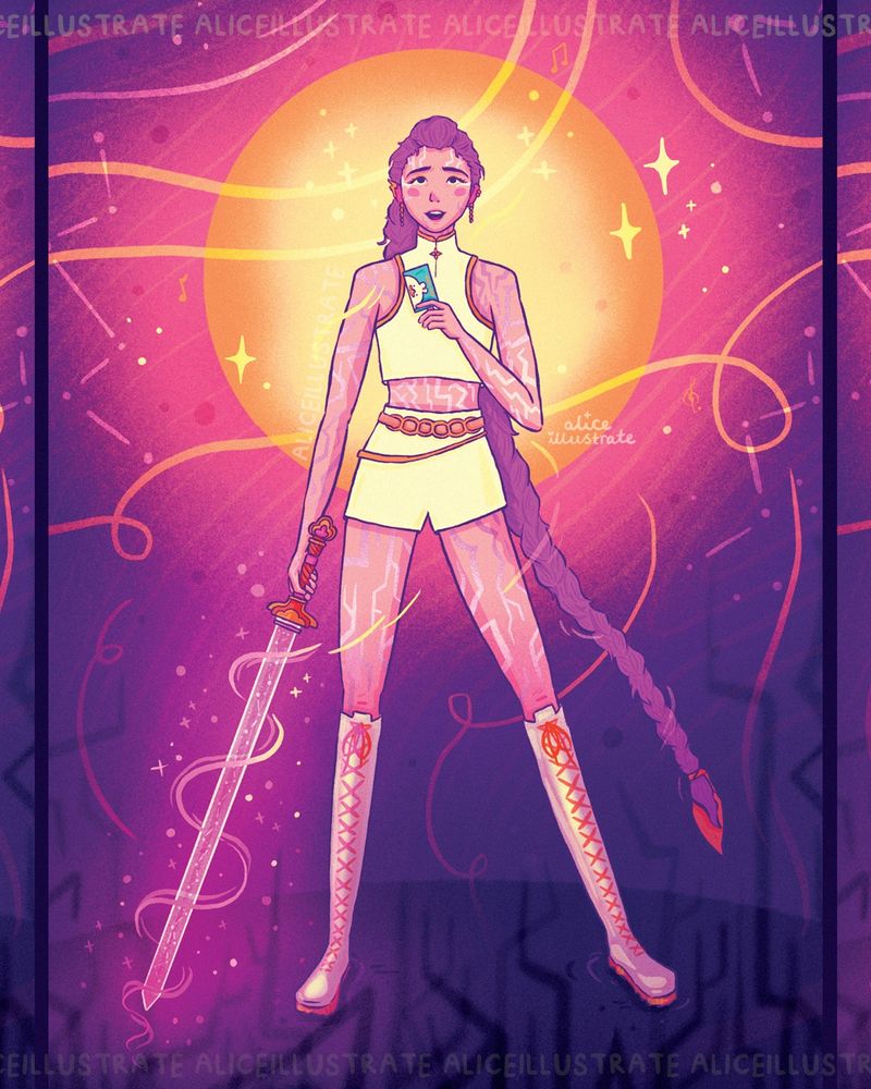An illustration of Rumi from KPop Demon Hunters stood against a pink and purple background with a large golden moon behind her head and torso. She is looking up slightly and holding one of the small greeting cards that Jinu sends her in the movie. In her hand is a sword and her long hair floats down in the background to her left. Her patterns are visible on her skin also. In the background there are also shadowy patterns reaching upwards and disappearing into the pink light from the gold moon. There are also lines from the honmoon and golden stars and a few musical notes around the moon.