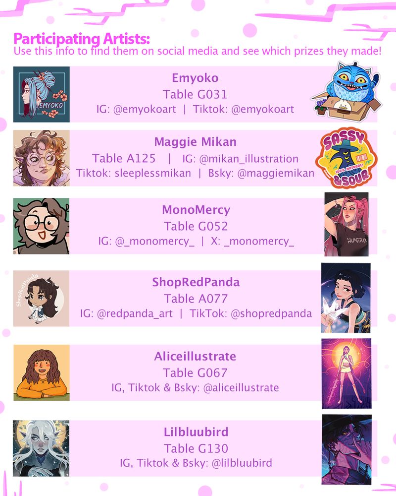 Image shows artists involved in the rally and their table information and online information next to the prize they've created for the bag too.
1: Emyoko - Table G031, IG @emyokoart Tiktok @emyokoart
2: Maggie Mikan - Table A125, IG @mikan_illustration Tiktok @sleeplessmikan BSky @maggiemikan
3: MonoMercy - Table G052, IG @_monomercy_ X @_monomercy_
4: ShopRedPanda - Table A077, IG @redpanda_art Tiktok @shopredpanda
5: Aliceillustrate - Table G067, IG Tiktok and Bsky @aliceillustrate
6: Lilbluubird - Table G130, IG Tiktok and Bsky @lilbluubird