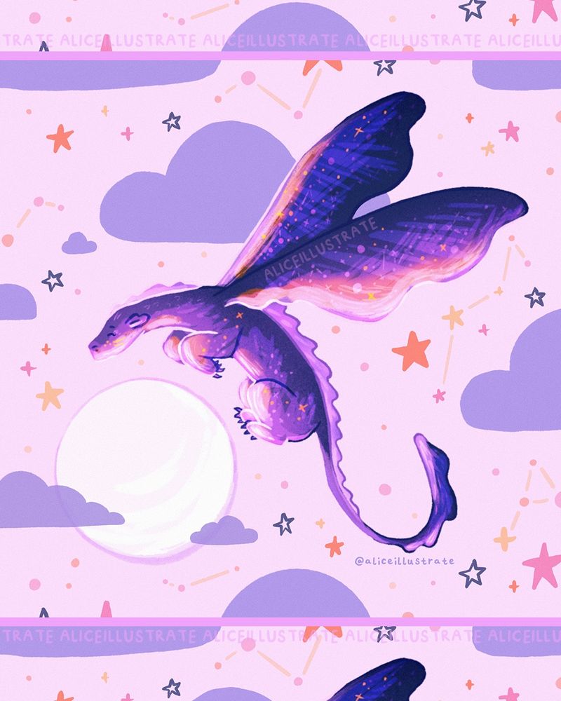 A purple dragon with constellations and stars twinkling in their wings, flys around a full moon, with purple clouds and orange, yellow + pink stars against a light pink background.