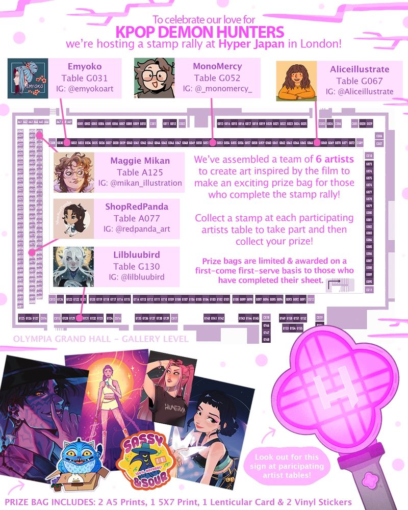 Information about a Stamp Rally being run at Hyper Japan in London. Includes a map to find the artists and a preview of the prize art in the bags. Information includes: 'we've assembled a team of 6 artists to create art inspired by the film to make an exciting prize bag for those who completed the stamp rally! Collect a stamp at each participating artists table to take part and then collect your prize! Prize bags are limited and awarded on a first-come first-serve basis to those who have completed their sheet.
Prize bag includes: 2 A5 prints, 1 5x7 print, 1 lenticular card & 2 vinyl stickers.