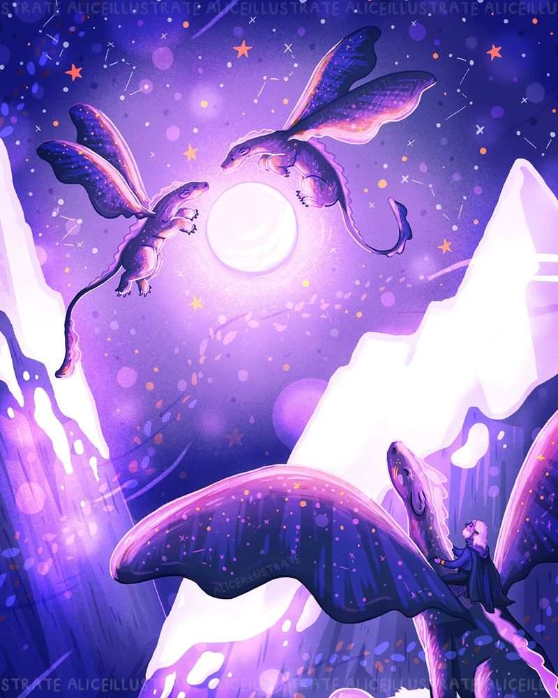 Coloured in shades of purple, with specks of yellow and orange, this illustration shows a scene of three Night dragons, their wings featuring constellations. One larger dragon stands in the bottom righthand corner with a dragon rider atop it's back, watching two younger dragons flying in the center of the piece around a full moon. In the sky there are more constellations and stars and in the background there are two snow-topped mountains.