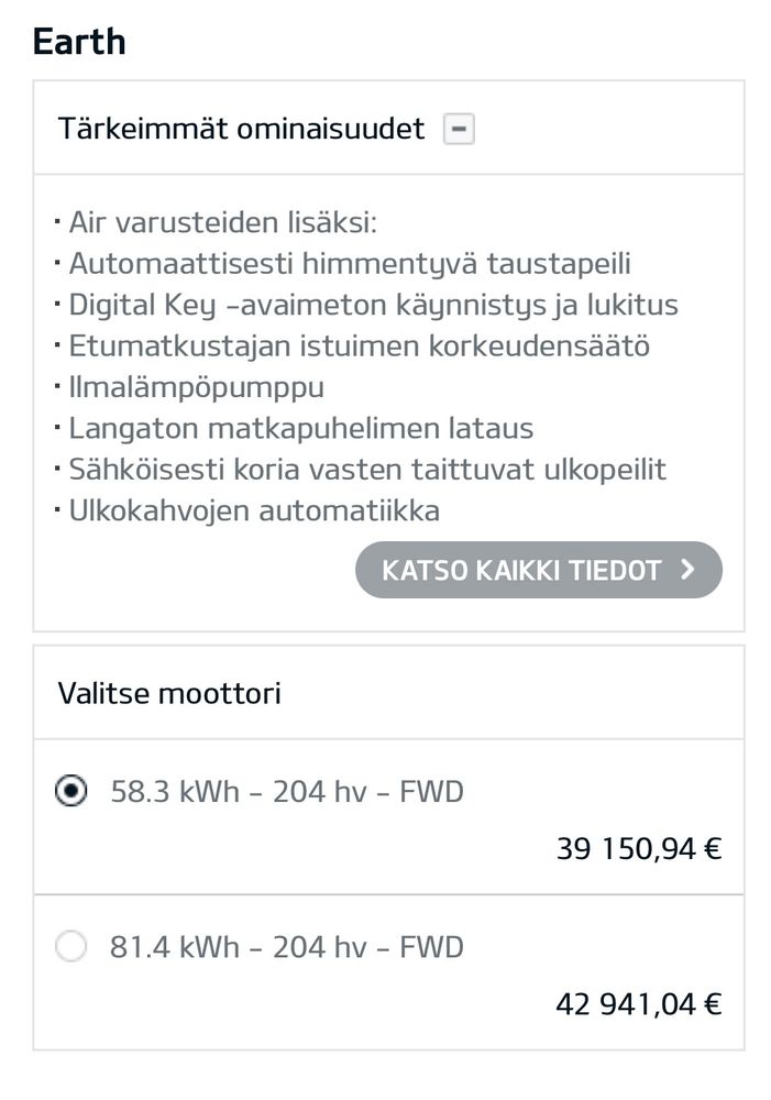Picture showing a configurator for a Kia EV3 in Finland. Trim level Earth is showing, which includes the important heat pump. Battery size options can be seen, affecting the price. Earth trim with a small battery costs roughly 39 000€ and with a big battery 43 000€ at the time of this screenshot 1st of February 2025.