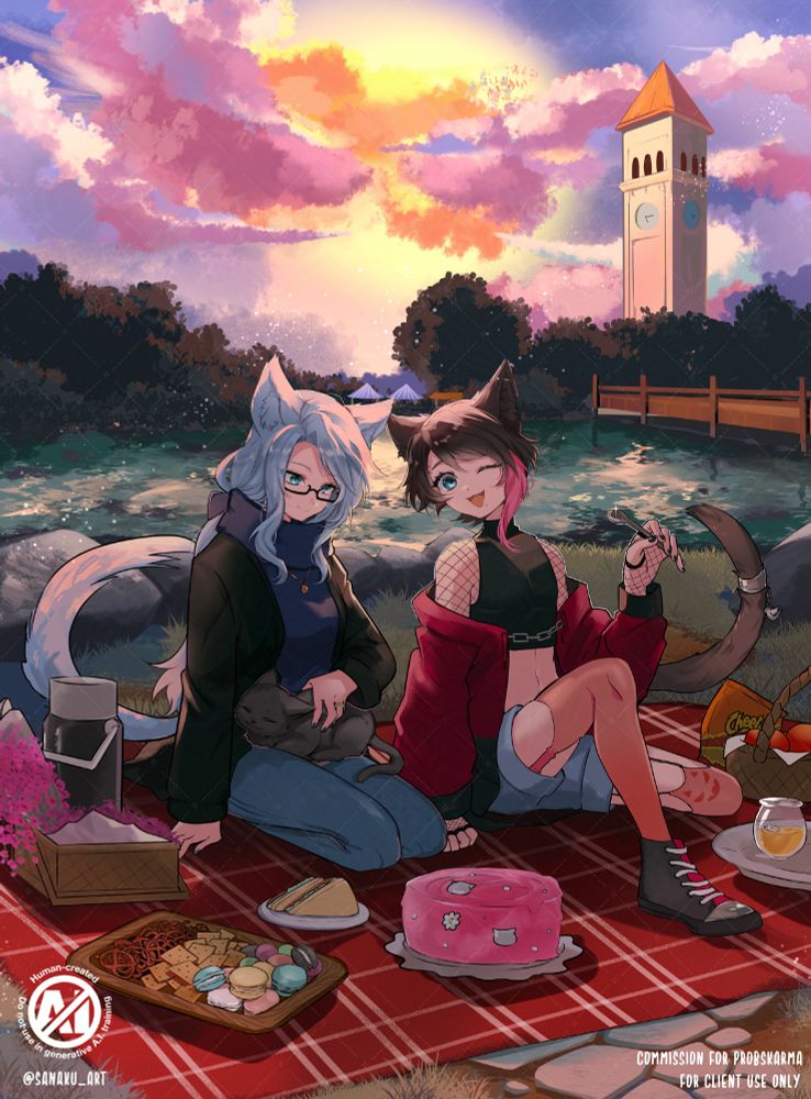 A digital illustration of a wolf lady and a cat girl enjoying a picnic together, underneath the warm sunset light. Text says "commission for ProbsKarma. For client use only".
