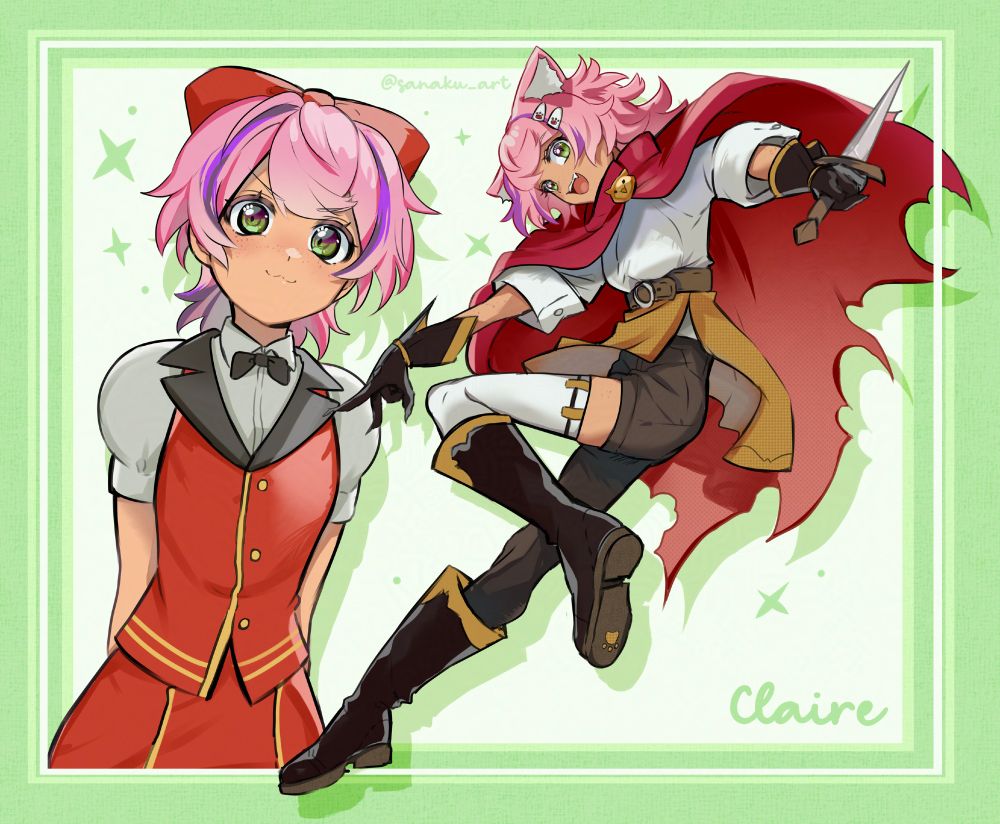 Artwork of a happy Claire as a catgirl rogue on the right, and her original design on the left. [💚]