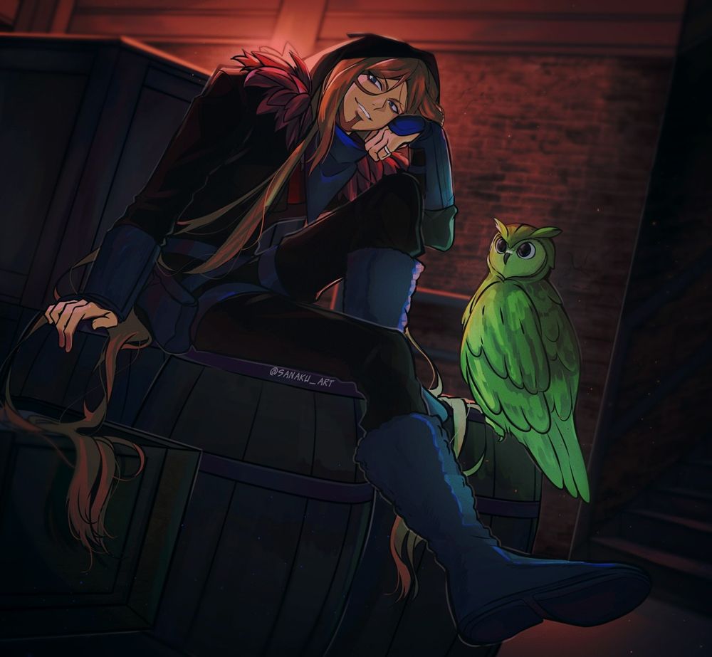 Character artwork of OC Veilos, a rogue warlock in the tabletop game Dungeons and Dragons. He has long flowing brown hair, wearing a hooded black & blue thief outfit. He is sitting on some barrels and crates, and grinning at the viewer. Beside him is an owl familiar that is staring at something off-camera, as if keeping watch. The atmosphere of this piece is dark and red, unsettlingly so, but Veilos's smile is disarmingly inviting. Watermark on the barrel says "@SANAKU_ART".